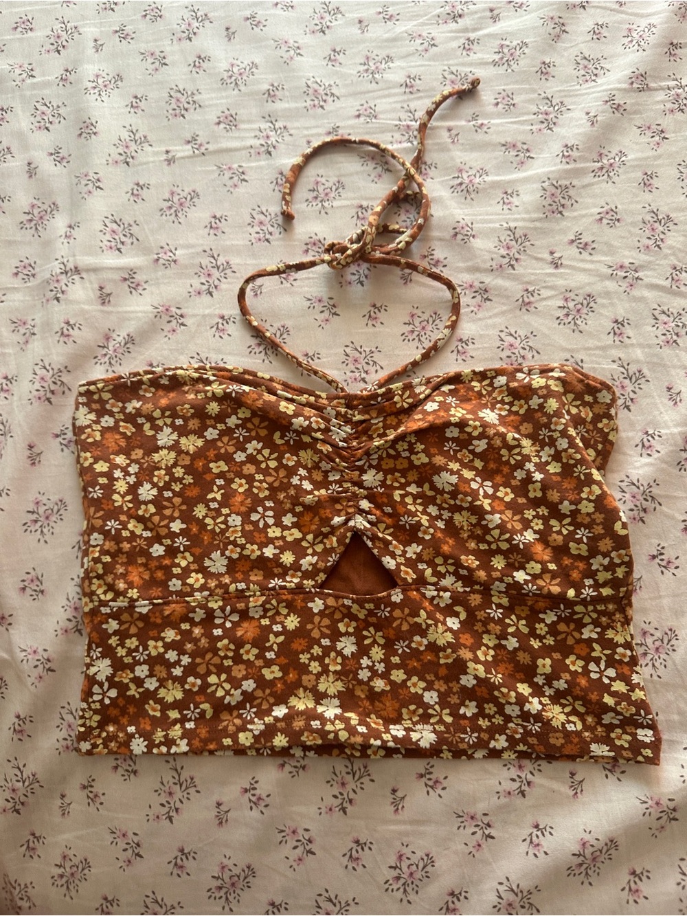 Hollister Co. Floral Ruched Halter Crop Top - Brown